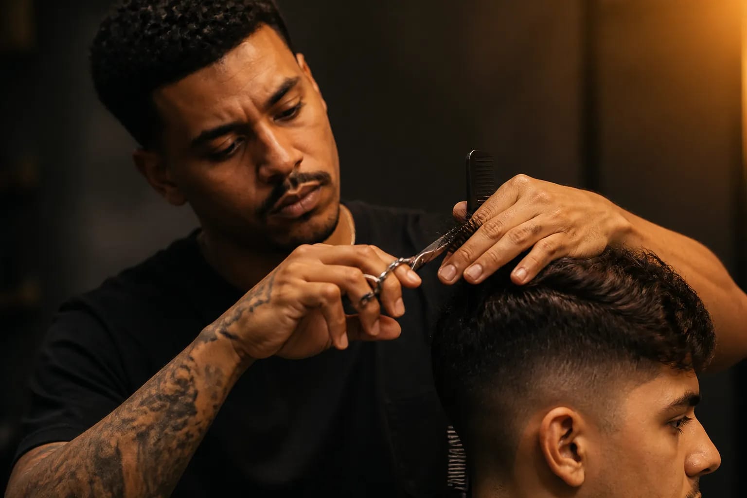 Barbeiro atendendo cliente com agenda da barbearia organizada