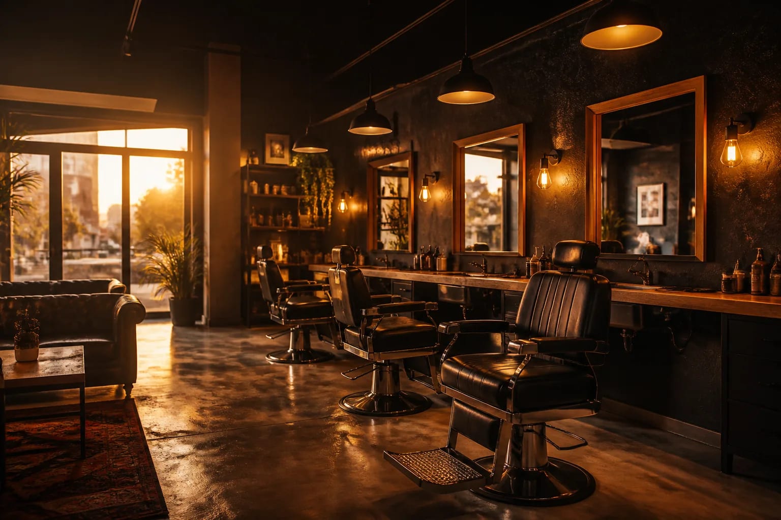 Interior de barbearia premium com sistema de agendamento online Voltta